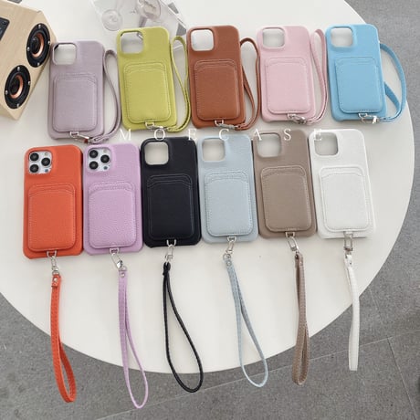 ICカード収納 iPhone14/15proケース  革製 アイフォン13pro/12mini/11proケース ストラップ付 高品質 使いやすい シンプル風[M2736]