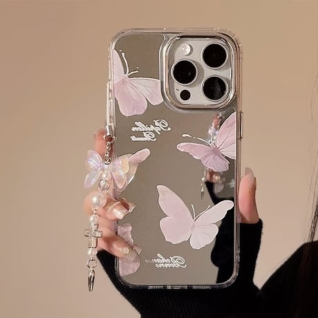 蝶柄鏡 iPhone15/15proケース チョウアクセサリー付 iPhone14/13pro/12ケース かわいい 便利 頑丈[M4154]