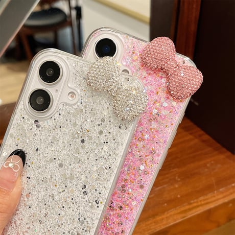 めっちゃ可愛い iPhone16/16Plusケース ダイヤリボン グリッター iPhone15pro/14/SEカバー 綺麗 キラキラ [M4860]
