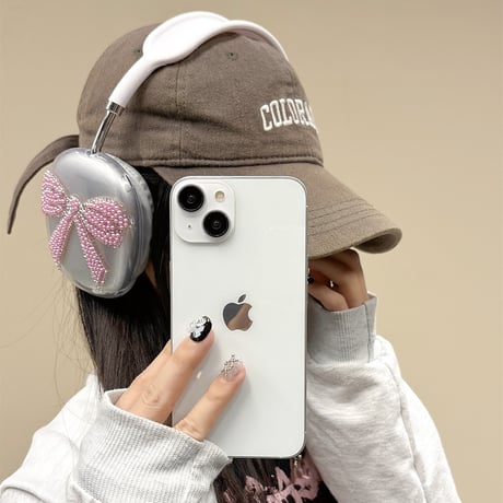 ストーンリボン AirPodsMaxカバー ピンク エアーポッズ マックス専用ケース かわいい 透明 女子力アップ[M4214]
