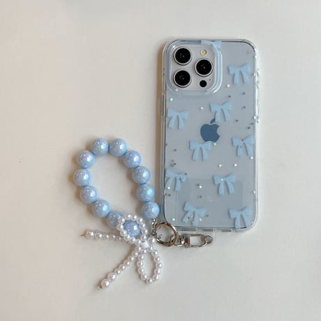 リボン柄 アイフォン16/16proケース キラキラバックチャーム付 iPhone15pro/14/13proカバー オシャレ お買い得 [M5469]