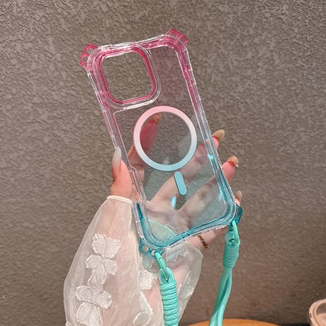 ストラップ付耐衝撃 iPhone16pro/16promaxケース Magsafe充電 iPhone15pro/14promax/13カバー 黄ばまない [M5509]