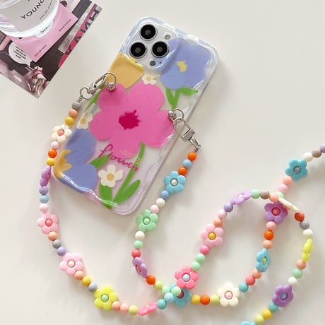 花ロングチェーン iphone14/13proケース  おしゃれ可愛い アイフォン12pro/11ケース  便利 ガールズに人気 ギフトにおすすめ[M3224]