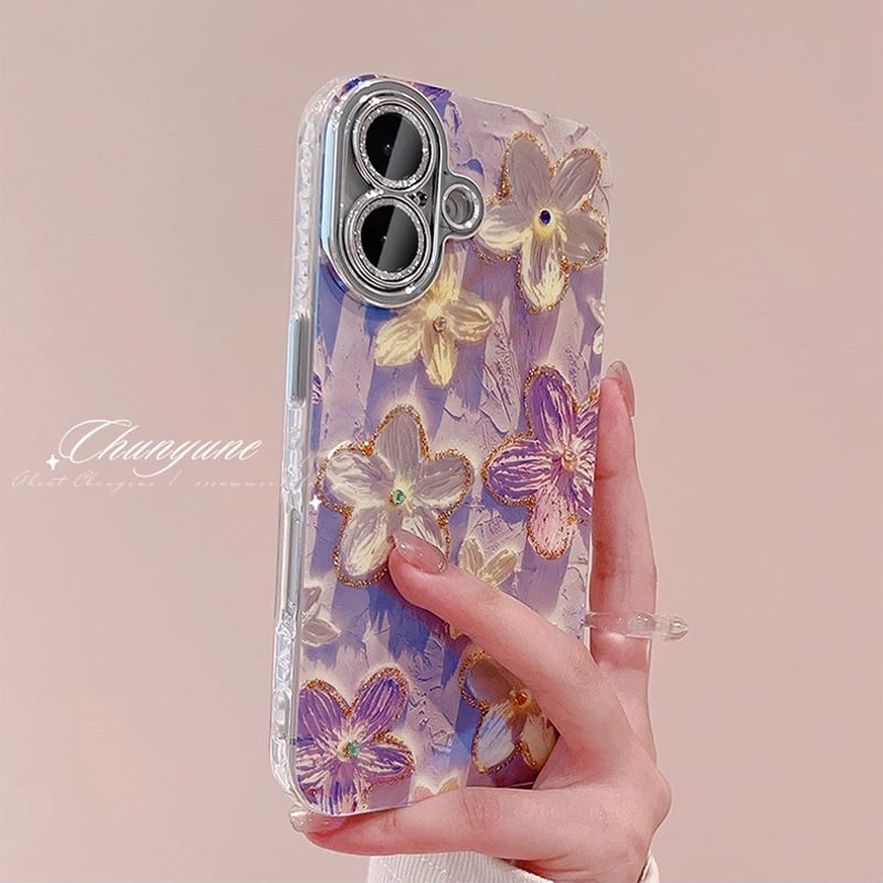 おしゃれ iPhone16/16proケース 花柄 キラキラレンズカバー iphone15pr