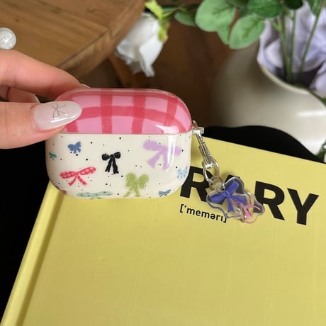 リボン Airpods 4ケース チェック柄 Airpods3/Pro2ケース airpodsproカバー リボンキーホルダー/リング付 [M5101]