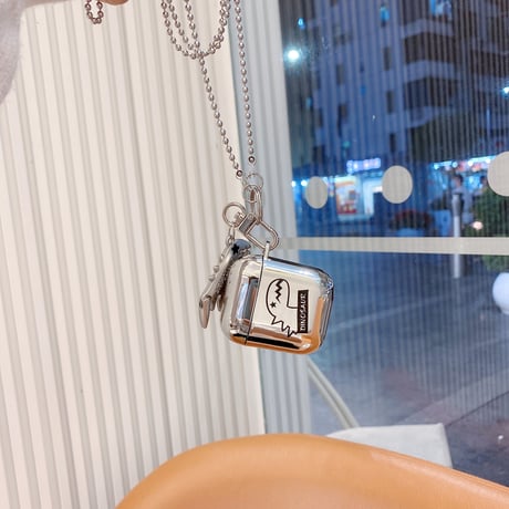 【Airpods 4】銀色 恐竜  airpodspro2/1ケース  dinosaur キーホルダー airpodsカバー チェーン付き 紐掛け 頑丈ツヤあるM395