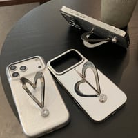キラキラ感ハートスタンド iPhone17/17Proケース 鏡/レザー iPhone16Pro/15ProMaxケース 多機能便利 おしゃれ[M6372]