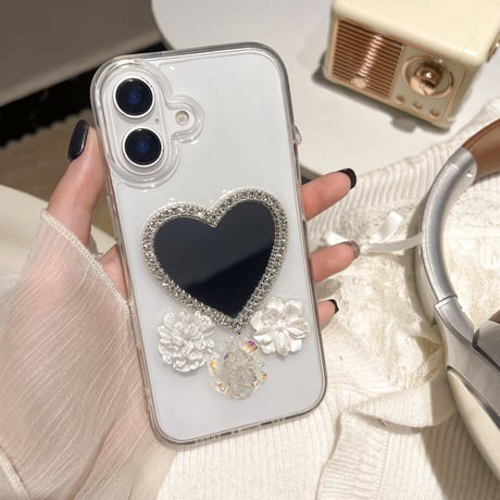 ハート型ミラー iPhone16/16proケース 花デコ iPhone15promax/14/13カバー パールストラップ 人気 [M5350]