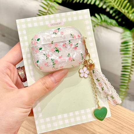 シェル風花柄 Airpods Pro3ケース 刺繍ハートキーホルダー Airpods 4/3カバーケース AirpodsPro2/1  オシャレ 高級感 [M6238]