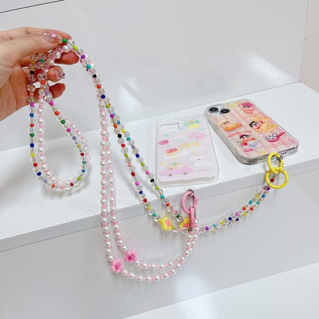 スマホストラップ 肩掛け 可愛い キラキラ 全種類対応 ギフトにおすすめ おしゃれ 長い真珠ストラップ  女子力アップ  落下防止  手つくり[M3298]