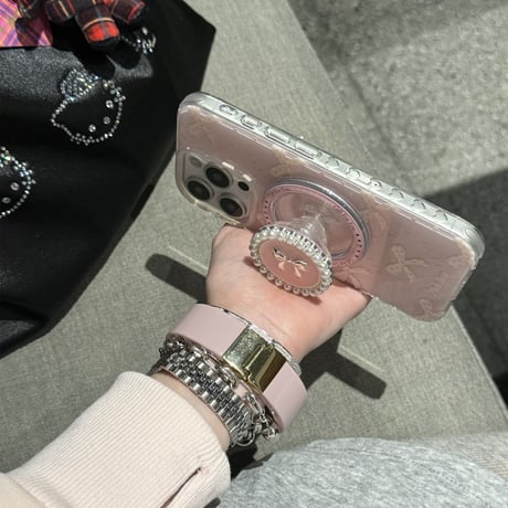 リボン柄 iPhone16pro/16ケース パールとリボングリップ マグネット iPhone15pro/14/13promaxケース かわいい 多機能 女子力UP [M5072]