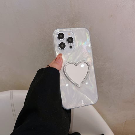 オシャレ鏡付 iPhone15/15Proケース キラキラ iPhone14Pro/13/12ケース ホワイト 女子に人気 [M3758]