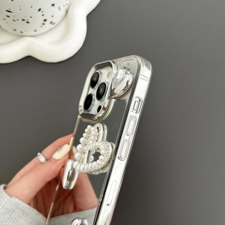 ストラップ付 ミラーiPhone15pro/15promaxケース ハートデコ iphone14/13/12proカバー パール 女子力アップ[M4167]