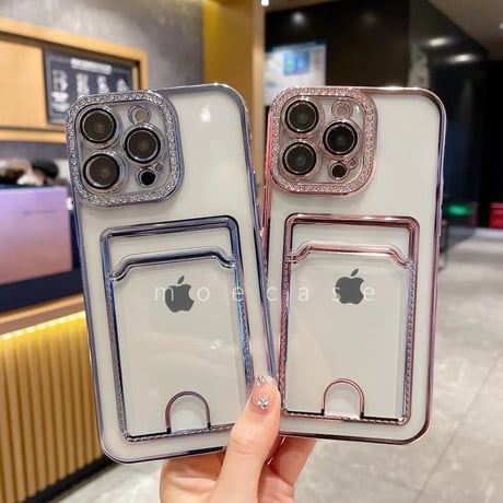 ジュエリー カード入れ iPhone14/15Proケース メッキ透明 アイフォン13/12/11カバー カメラレンズフイルム付き 綺麗 お洒落[M2733]