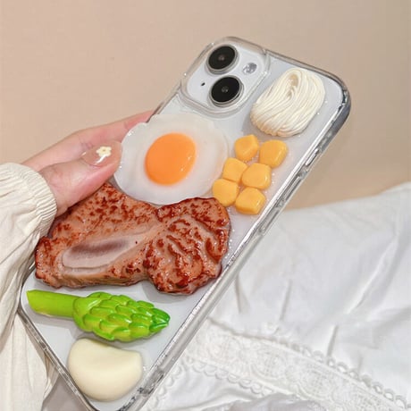 ステーキ/目玉焼き iphone17/16proケース 立体食べ物/野菜 アイフォン15/14promaxケース 面白い 美味しそう クリアケース ギフトにおすすめ[M3203]