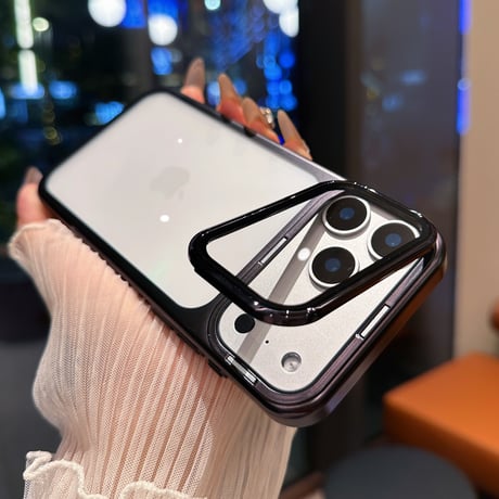 カメラカバースタンド一体 iPhone17ProMax/17Proケース 高透明メタル iPhone17/16Proカバー 黄ばまない 全体保護 [M5717]