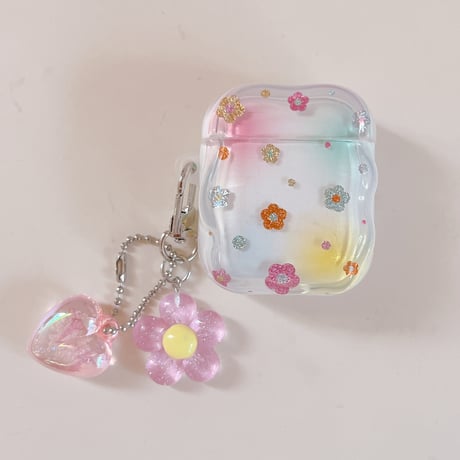ラメ花 Airpods Pro3ケース 花/ハートキーホルダー Airpods4/3カバー pro2/pro1 うねうね ギフトにおすすめ[M6414]