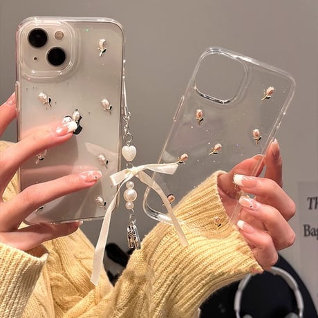 立体花 アイフォン15/15proケース 韓国風  バレエシューズストラップ付iphone14pro/13/12カバー キラキララメ 黄ばまない[M4109]