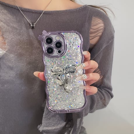 リボン iPhone16pro/16ケース うねうね グリッター iphone14/13pro/12proカバー 女子力アップ キラキラ おしゃれ[M4896]