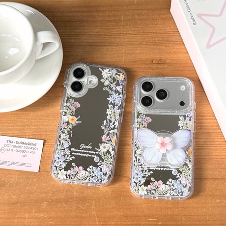 草花柄ミラー iPhone17pro/17ケース 蝶グリップ iPhone16promax/15proケース かわいい 便利 女子力高い[M6164]