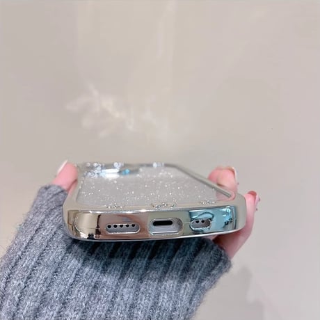 リボン iPhone15/15proケース メッキ キラキラインナーシート付 iPhone14/13pro/12ケース シルバー かわいい[M3928]