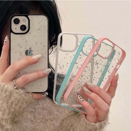 星ラメ入り iPhone14/15プロケース クリア可愛いiphone13/12mini/11proケース シンプル 使いやすい キラキラ[M2231]