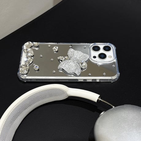 ダイヤリボン鏡 iPhone17/17Proケース キラキラ 豪華 iPhone16pro/15plus/14カバー 四角耐衝撃 [M5554]