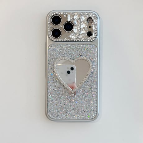 ハート型ミラーリングスタンド iPhone17Pro/17ケース ダイヤデコ iPhone16Pro/15/14ケース キラキラ感 可愛い 美しい[M6267]