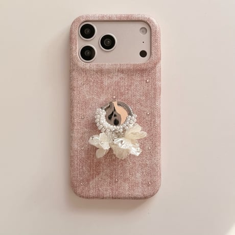 貝殻花とパールミラーリング iPhone17Pro/17ケース ダイヤデコ iPhone16Promax/15pro/14ケース 上品 便利高級感 [M6457]