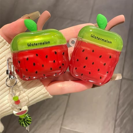 スイカ Airpods4ケース 夏向け AirpodsPro2ケース airpods3/2カバー  かわいい キーチェーン付 艶感 [M5309]