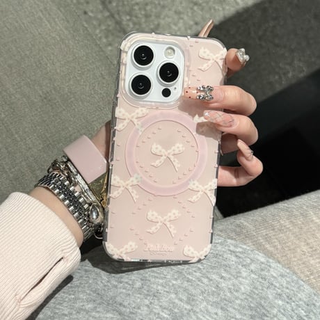 リボン柄 iPhone16pro/16ケース パールとリボングリップ マグネット iPhone15pro/14/13promaxケース かわいい 多機能 女子力UP [M5072]