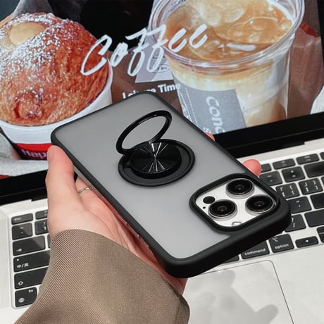 リング付 iPhone15pro/15promaxケース スタンド一体 指紋防止iphone14/13Promaxケース 薄型軽量[M3704]