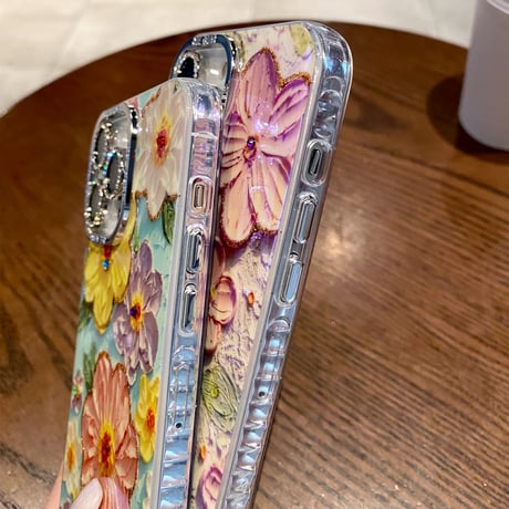 油絵花 iPhone15/15proケース キラキラ レンズフィルム付き iphone14/13/12proカバー きれい 女子力アップ[M3848]