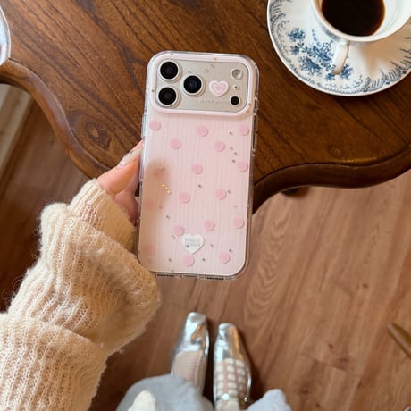 ストライプ柄 iPhone17Pro/17ケース キラキララメいり iPhone17ProMax/16/15Proカバー ハート柄カメラカバー 甘めコーデ  [M6131]