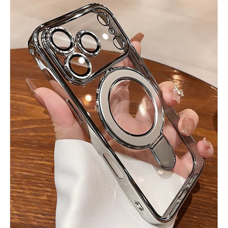 iPhone17Pro/16ProMaxケース MagSafeリングスタンド iPhone15Pro/14/13ケース レンズカバー 黄ばまない [M4641]