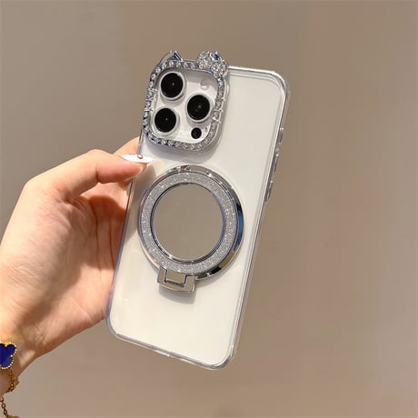 ミラー iPhone17/17Proケース ジュエリーリボンカメラ枠 iPhone17Air/17Promaxカバー スタンド機能 高透明[M5670]