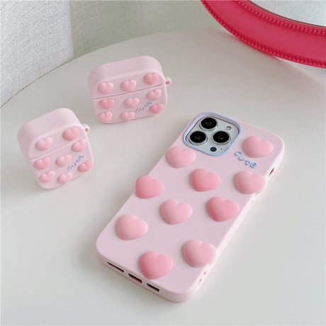 ピンク iphone14/13proケース 立体ハート iphone12/SE3/11カバー 可愛い プレゼントにおすすめ [M1932]