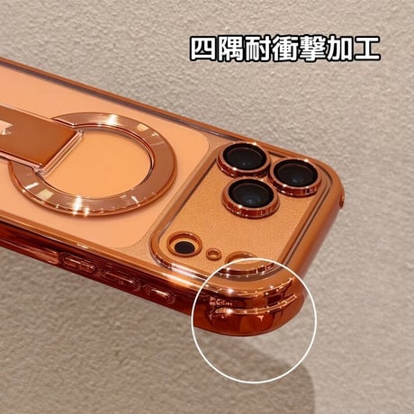 スタンド付 iPhone17Pro/16ProMaxケース メッキ MagSafe対応 iPhone15Pro/14/13ケース 耐衝撃加工 黄ばまない [M6360]