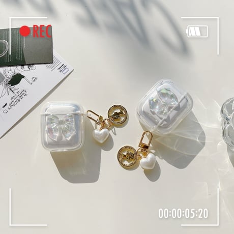 【Airpods4】キラキラリボン AirpodsPro2ケース ハートアクセサリー付 airpods3/2/1ケース  かわいい 耐衝撃クリアケース ギフトにおすすめ[M3073]