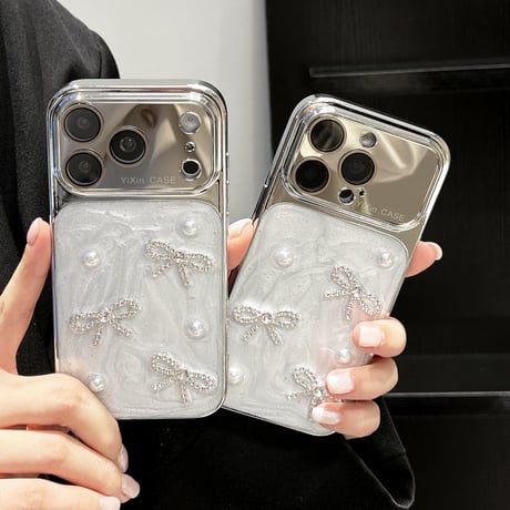 ミラー iPhone17Pro/17ケース ジュエリーリボン 真珠 iPhone15Pro/16/14ケース おしゃれ 丈夫[M6446]