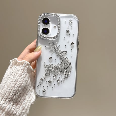 ダイヤ鹿 iPhone16/16Proケース 透明 iPhone15plus/14pro/13カバー おしゃれ ハンドメイド 可愛い[M5434]