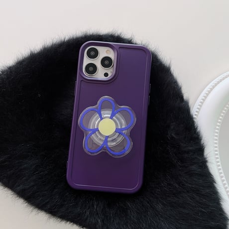 ディープパープル iphone14/14proケース 花グリップ付 アイフォン13pro/12promaxカバー  可愛い 頑丈 実用[M2329]