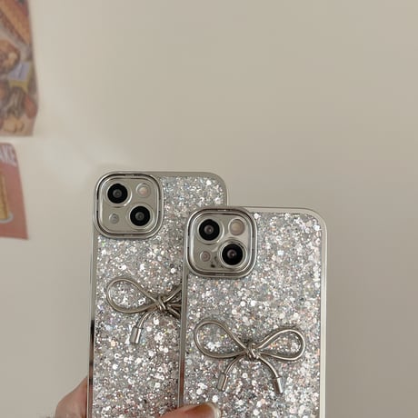 リボン iPhone15/15proカバー キラキラグリッター iPhone14/13pro/12ケース 女子力アップ シルバーコーデ[M3896]