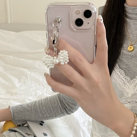 女子力アップ iPhone15/15proケース パールリボンチャーム iPhone14/13pro/12proクリアケース かわいい きれい[M4361]