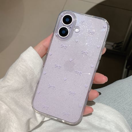 キラキラリボン柄 iphone17/17proケース  ラメ入り アイフォン17promax/Air/16/15カバー  ガールズに人気 ソフトケース[M5782]