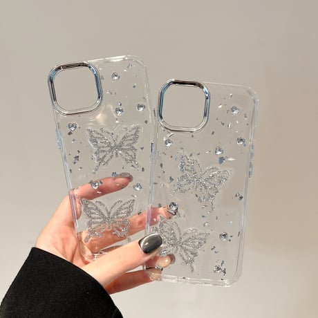 ラメ蝶々 アイフォン16pro/15ケース ダイヤ ハンドメイド iPhone14/13pro/12カバー 大人可愛い 春夏向け[M5175]