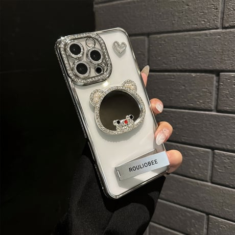 鏡付き iPhone16/16proケース スタンド付 iPhone15plus/14/13promaxカバー ジュエリーデコ 美しい かわいい [M5382]
