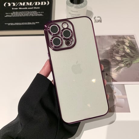 黄ばまないキラキラ iPhone15/15proケース  ナチュラル/ブルーチタニウム iPhone14/13/12 ラメレンズフイルム 軽量丈夫[M3942]