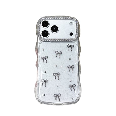 メタルリボン iPhone17/17Proケース うねうねライン ジュエリー iPhone16Pro/15/14ケース 透明 甘め [M6404]