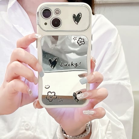 韓国風 鏡付iPhone15/15プロカバー Lucky/Happy iPhone14pro/13/12ケース お揃い 便利 [M4364]